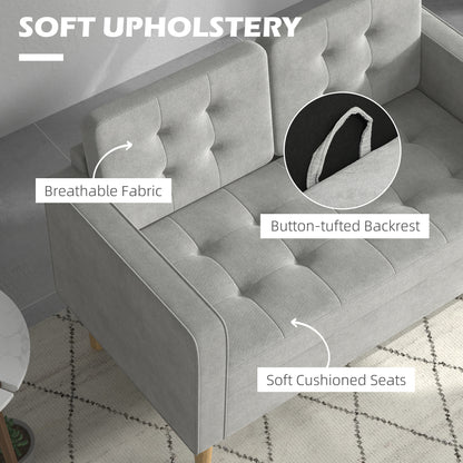 Modern 2 Seater Sofa with Hidden Storage, 117cm Tufted Cotton Couch, Compact Loveseat Sofa with Wood Legs, Light Grey