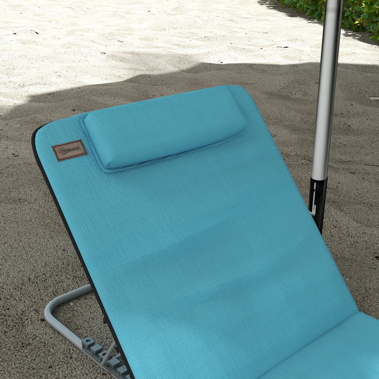 Outsunny Metal Frame PE Fabric 2 Pieces Outdoor Beach Reclining Chair Set w/ Pillow Light Blue