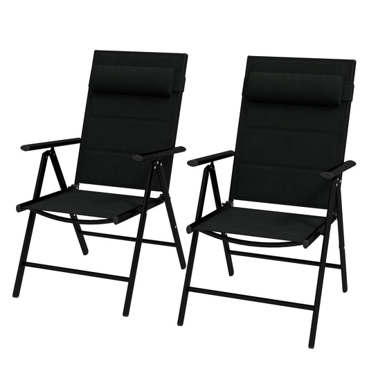 Set of 2 Patio Reclining Folding Aluminium Dining Camping Chairs With Breathable Mesh Fabric Padded Seat And Backrest, Headrest -  Black