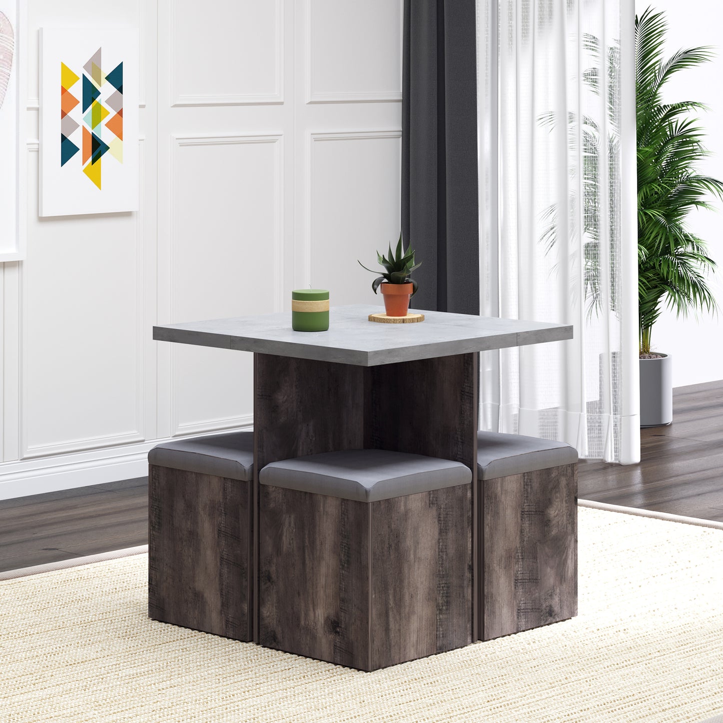 5 Piece Dining Set Garden Patio Wooden Set 4 Storage Stools Footrest Ottoman with Cushions + 1 Table Space Saving Design Indoor Outdoor