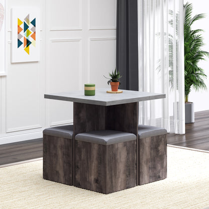 5 Piece Dining Set Garden Patio Wooden Set 4 Storage Stools Footrest Ottoman with Cushions + 1 Table Space Saving Design Indoor Outdoor