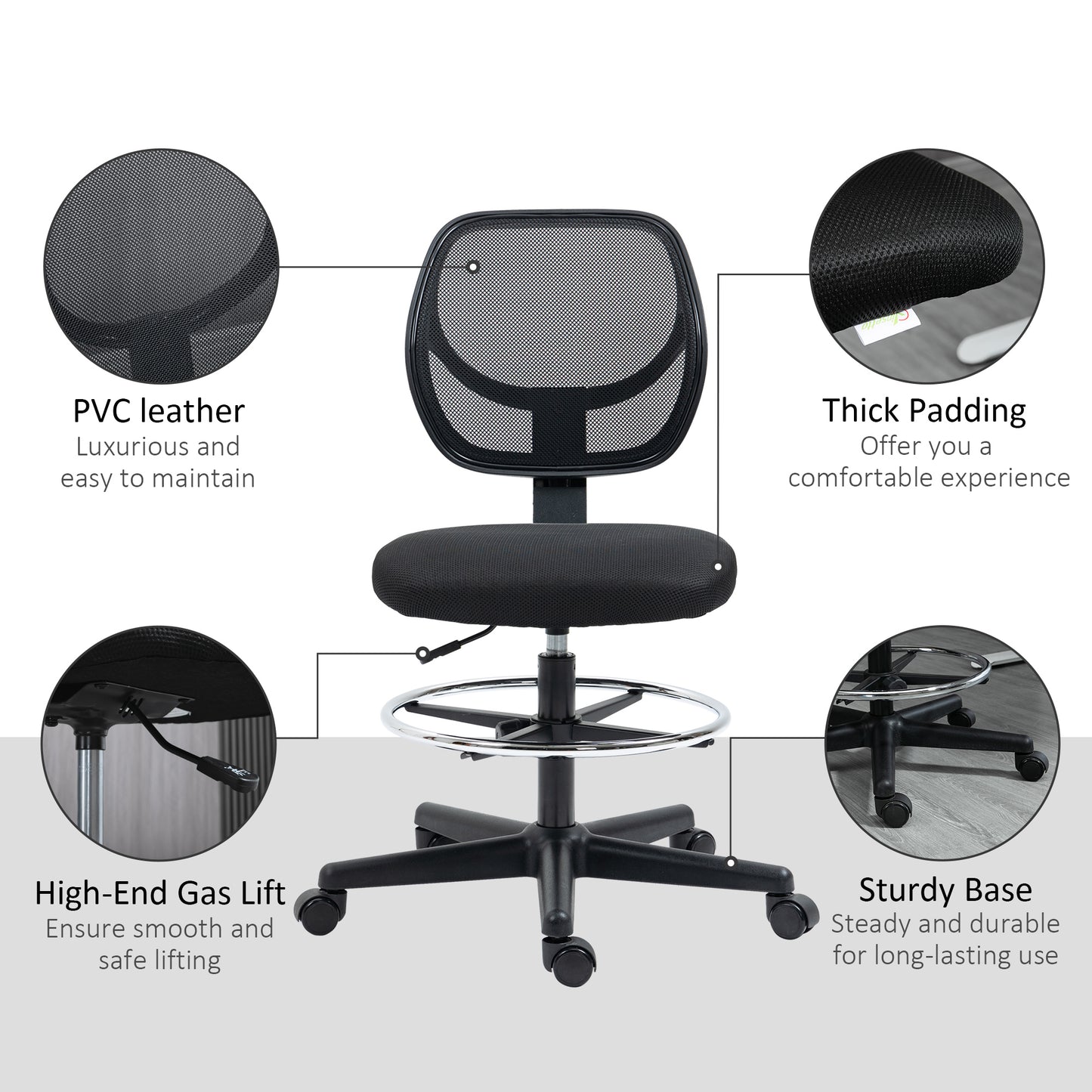 Ergonomic Draughtsman Chair for Standing Desk | Armless | Curved Mesh Back | Padded Seat | Adjustable Footrest Ring | Seat Height 50-70cm | 5 Wheels | 120kg | Black