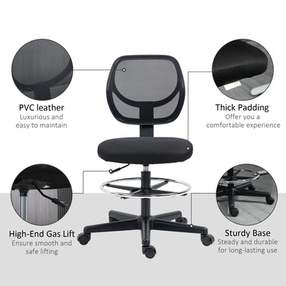 Ergonomic Draughtsman Chair for Standing Desk | Armless | Curved Mesh Back | Padded Seat | Adjustable Footrest Ring | Seat Height 50-70cm | 5 Wheels | 120kg | Black