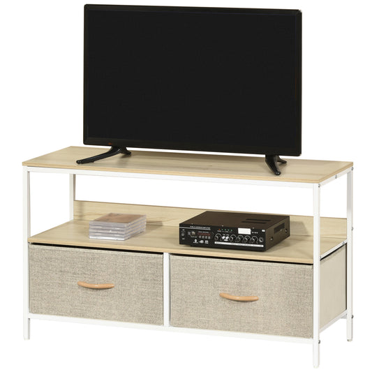 TV Cabinet Console Unit with 2 Foldable Linen Drawers, TV Stand with Shelving for Living Room, Entertainment Room, Maple Wood Effect