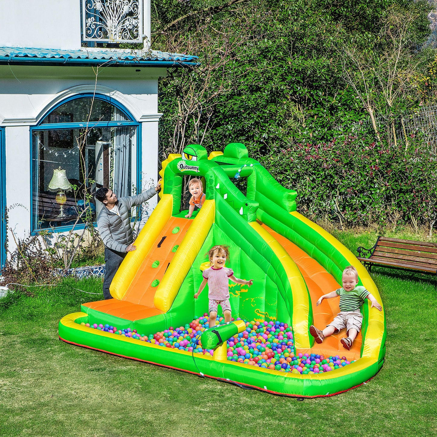 Outsunny 5 in 1 Kids Bouncy Castle Large Crocodile Style Inflatable House Slide Basket Water Pool Climbing Wall for Kids Age 3-8, 3.85 x 2.85 x 2.25m