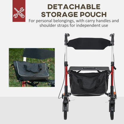 Folding Rollator With Seat & Backrest, Lightweight w/ Adjustable Handle Height, 4 Wheeled Walking Assist - Red