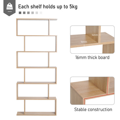 Wooden Wood S Shape Storage Display 6 Shelves Room Divider Unit Chest Bookshelf Bookcase Cupboard Cabinet Furniture (Oak)