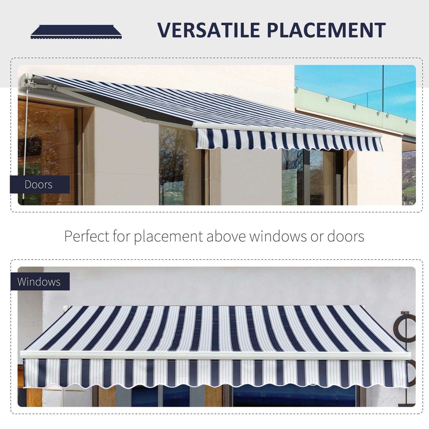 Garden Patio Manual Awning Canopy Sun Shade Shelter Retractable Retractable Awning, 3.5x2.5 m-Blue/White