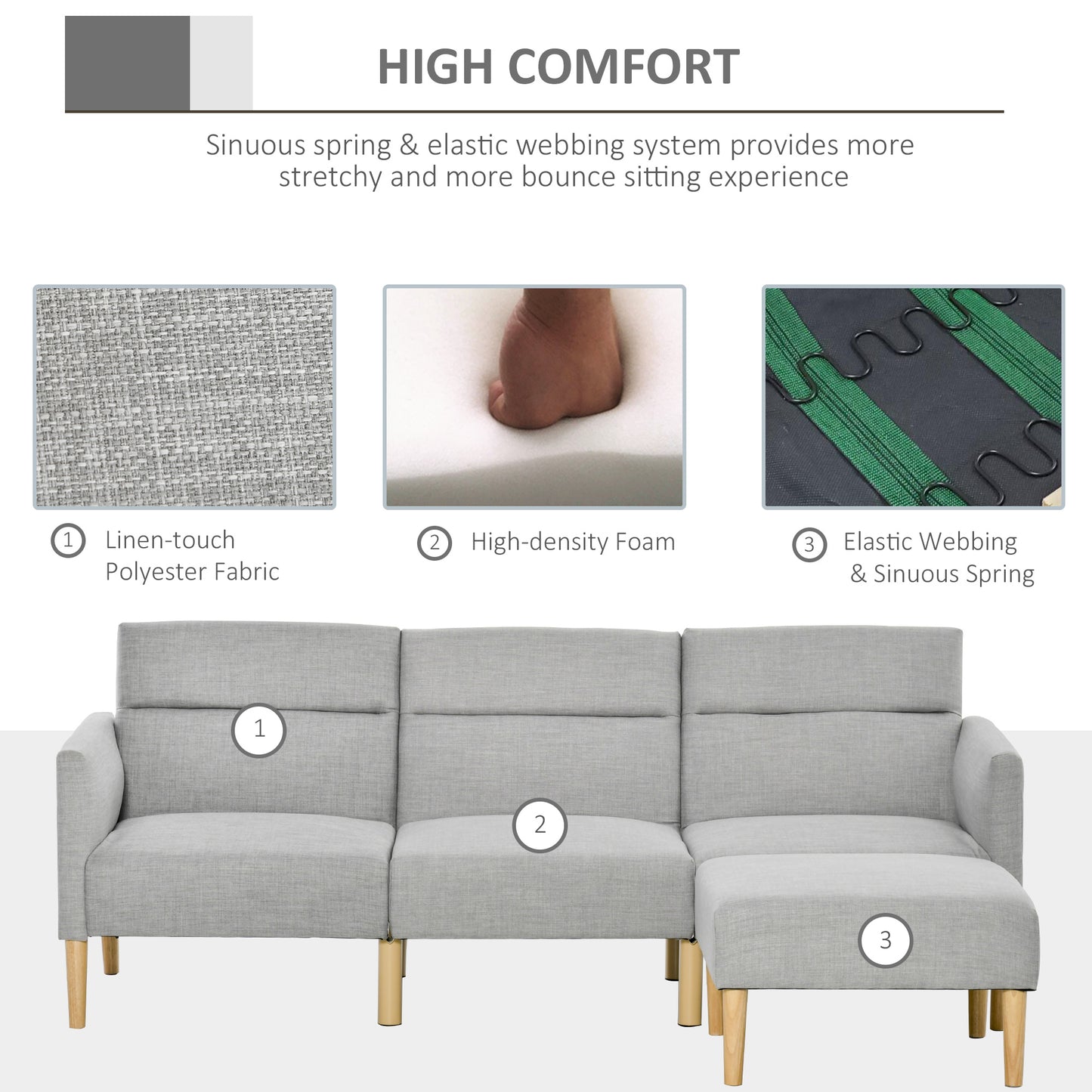 L Shape Sofa Bed Set, Linen Fabric Corner Sofa Bed with Rubber Wood Legs and Footstool, Light Grey