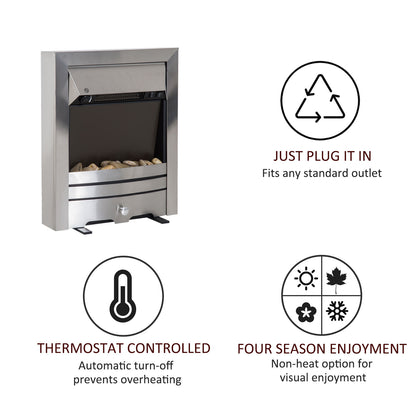 2KW Electric Fireplace Pebble Burning Effect Heater Fire Flame Indoor Stove LED Lighting - Stainless Steel