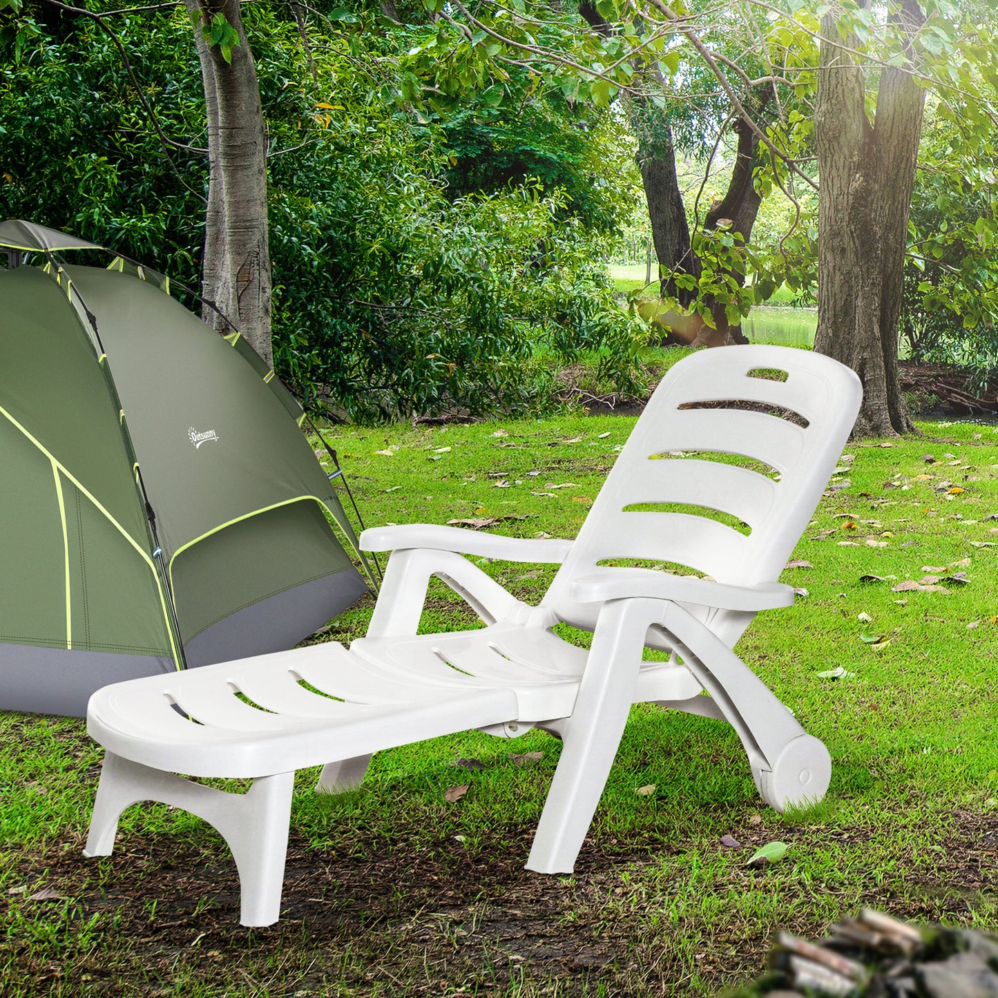 Outsunny Outdoor Folding Plastic Chaise Lounge Chair on Wheels, Patio Sun Lounger Recliner & 5-Position Backrest for Garden, Beach, Pool, White