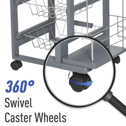 Kitchen Trolley, Multi-Use Kitchen Island w/ 4 Baskets 2 Side Racks 4 Wheels Food Storage Smooth Rolling Compact Furniture Dark Grey
