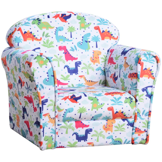 Children's Armchair Kids Sofa Tub Chair Seat Cartoon Dinosaur Pattern Bedroom Flannel Wooden Frame Non-slip Playroom Seater