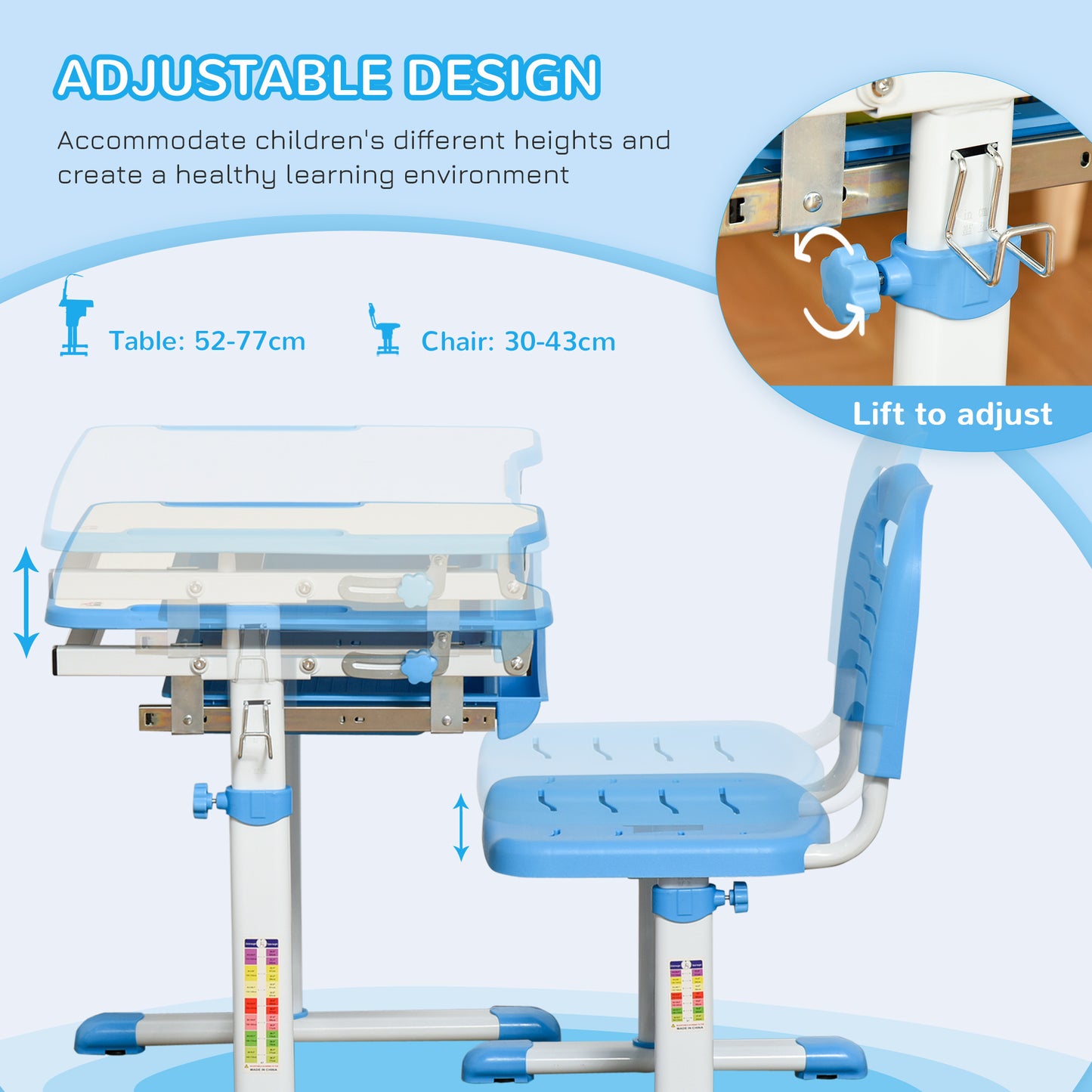 Kids Desk and Chair Set Height Adjustable Student Writing Desk Children School Study Table with Tiltable Desktop, Drawer, Pen Slot, Hook Blue