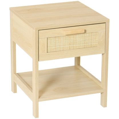 Nightstand with Rattan Drawer and Storage Shelf, Bedside End Table for Bedroom, Living Room Organizer
