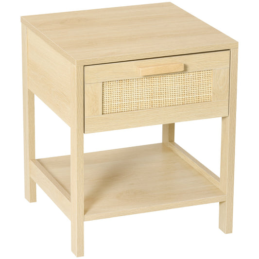 Nightstand with Rattan Drawer and Storage Shelf, Bedside End Table for Bedroom, Living Room Organizer