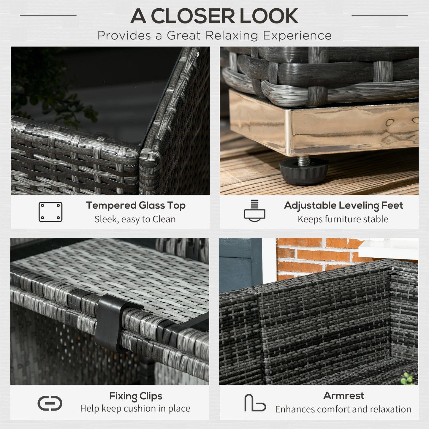 Outsunny 8 Piece PE Rattan Corner Sofa Set Garden Furniture Set Patio Wicker Sofa Seater w/ Cushion Washable Cushion Cover Tempered Glass Table Grey