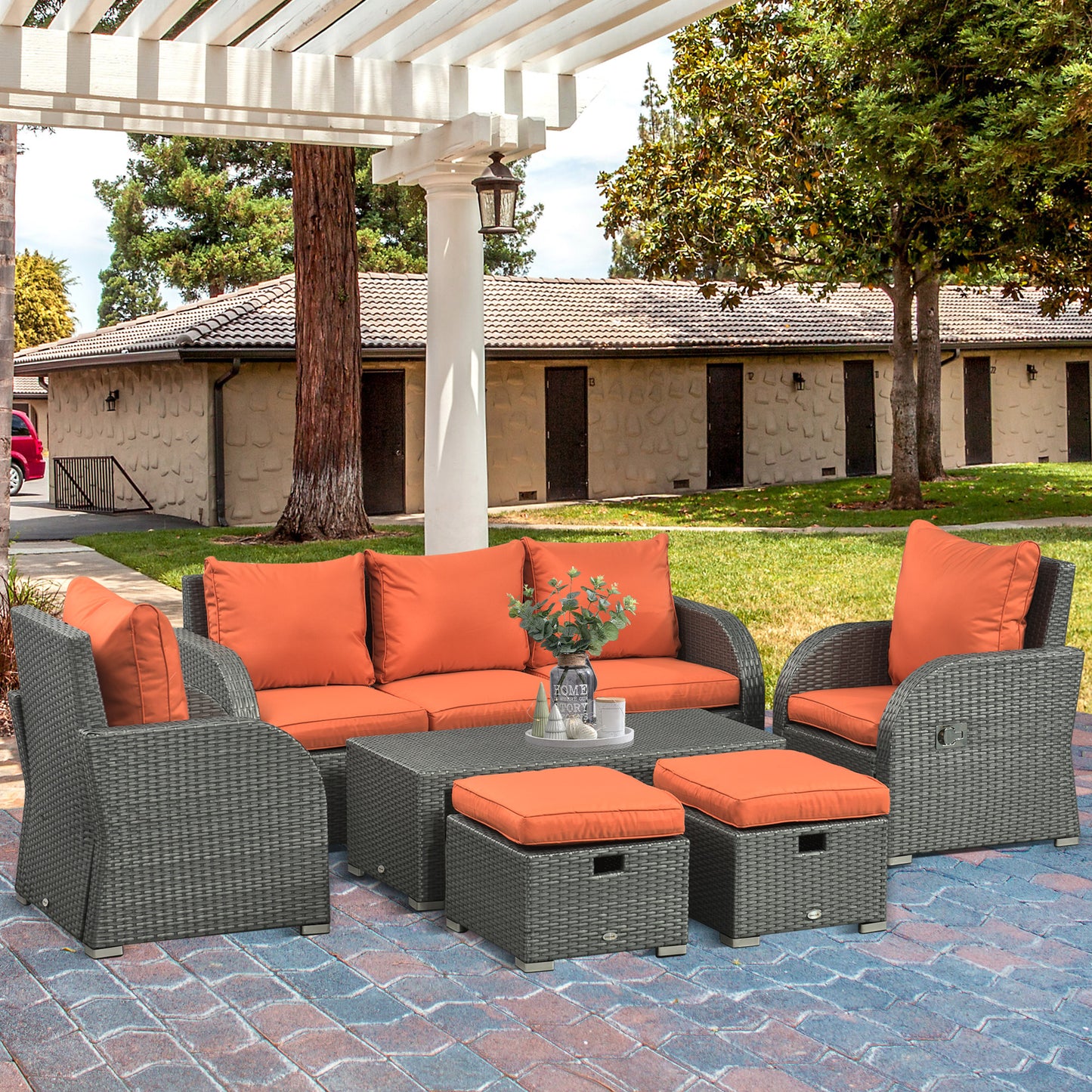 Outsunny 6 Piece Outdoor Rattan Wicker Furniture Set with 3-Seat Sofa, 2 Single Sofas, 2 Footstools and Coffee Table