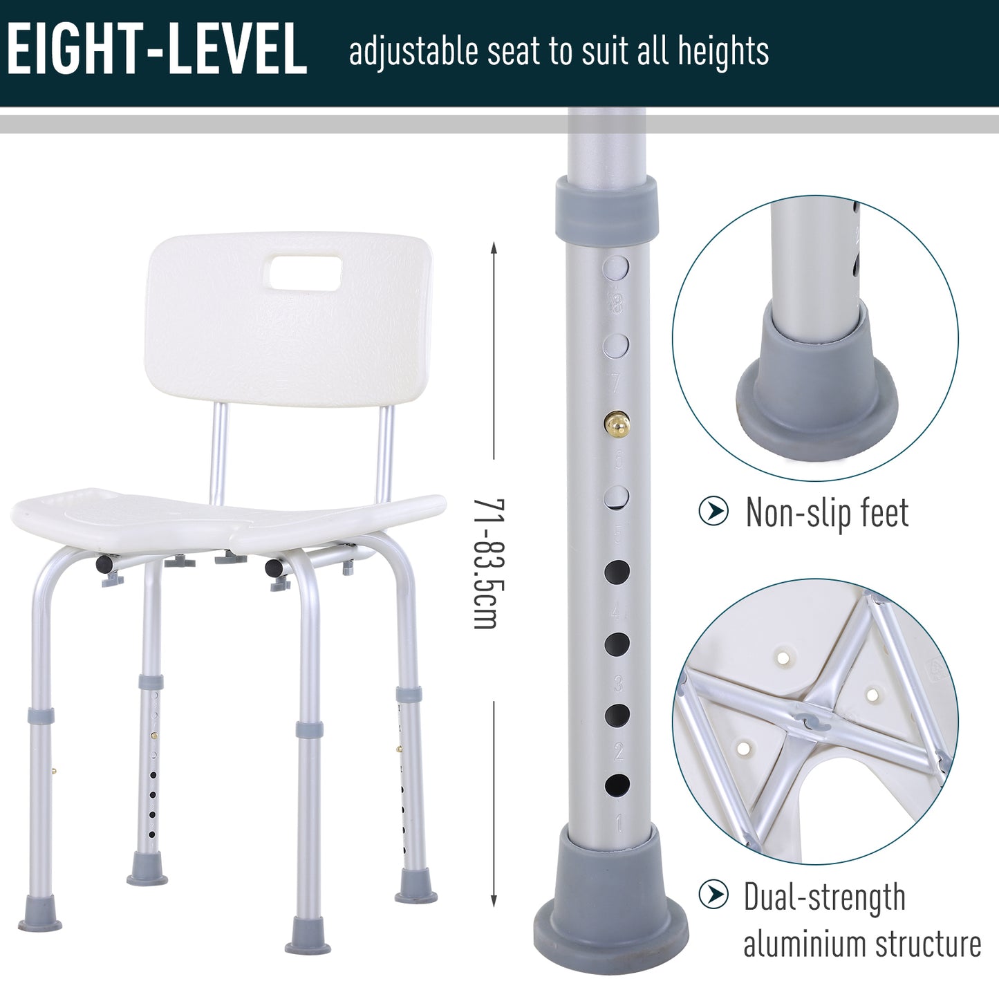 8-Level Height Adjustable Bath Stool Spa Shower Chair Aluminium With Non-Slip Feet And Handle