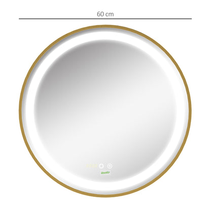 Kleankin Round Illuminated Bathroom Mirrors Dimmable LED Lighted Wall Mount Mirror w/ 3 Colours, Time Display, Memory Function, 60cm