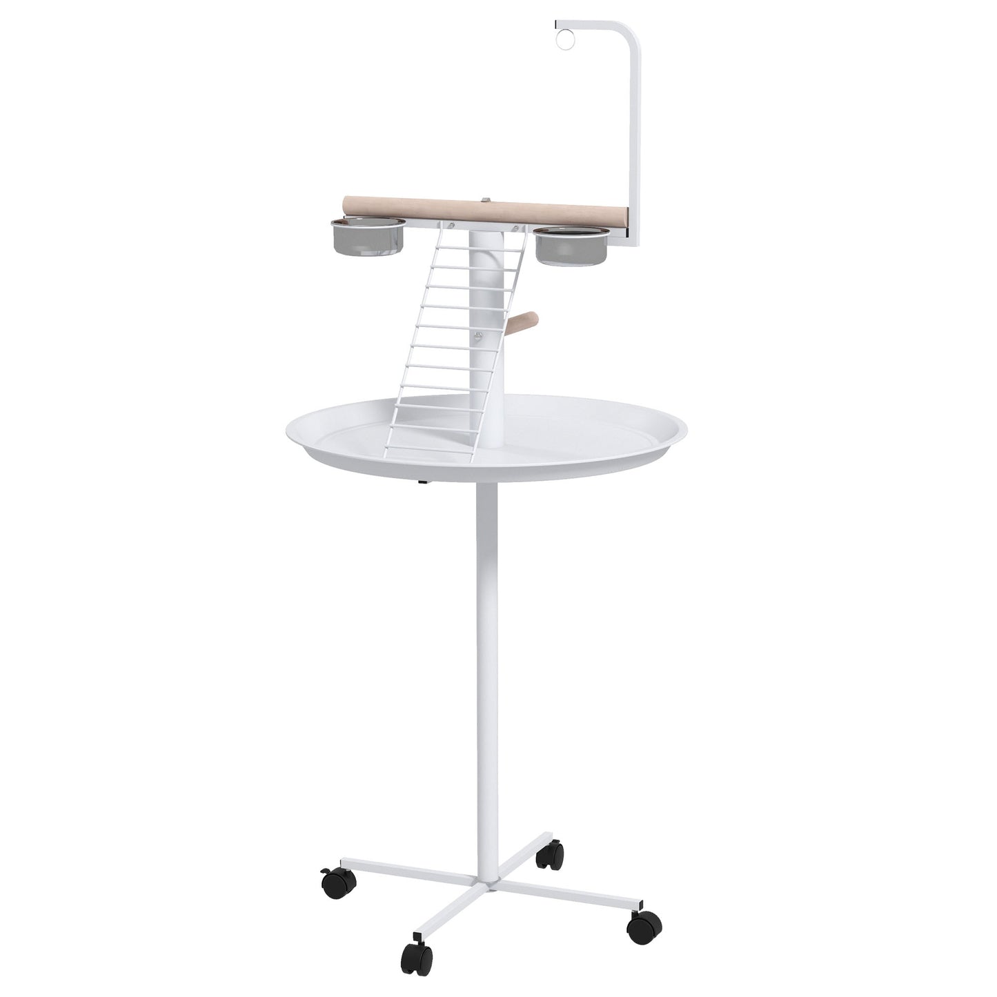 PawHut Bird Stand with Four Wheels, Perches, Stainless Steel Feed Bowls, Round Tray, for Garden, Indoor, Outdoor - White