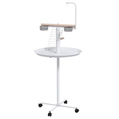PawHut Bird Stand with Four Wheels, Perches, Stainless Steel Feed Bowls, Round Tray, for Garden, Indoor, Outdoor - White
