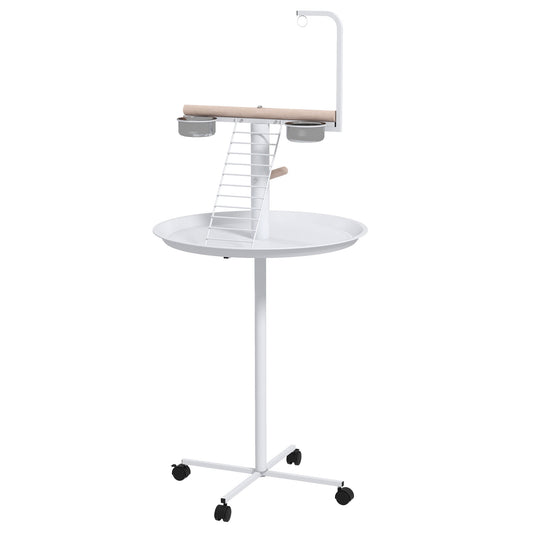 PawHut Bird Stand with Four Wheels, Perches, Stainless Steel Feed Bowls, Round Tray, for Garden, Indoor, Outdoor - White