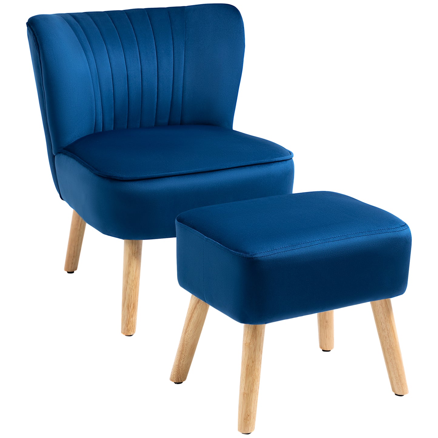 Retro Vintage Style Velvet Accent Chair Occasional Tub Seat Padding Curved Back w/ Ottoman Wood Frame Legs Home Furniture, Dark Blue
