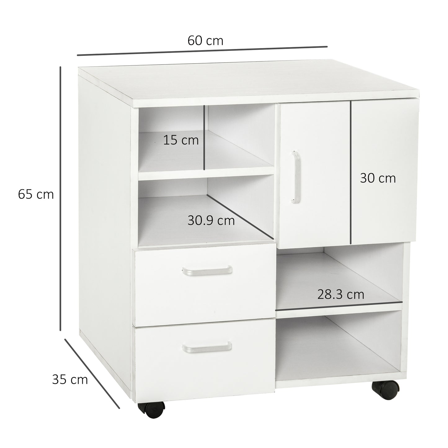 Mobile Storage Cabinet Sideboard Cupboard with Drawers 4 Shelves Lockable Wheels White