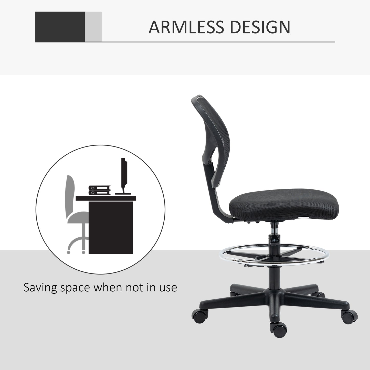 Ergonomic Draughtsman Chair for Standing Desk | Armless | Curved Mesh Back | Padded Seat | Adjustable Footrest Ring | Seat Height 50-70cm | 5 Wheels | 120kg | Black