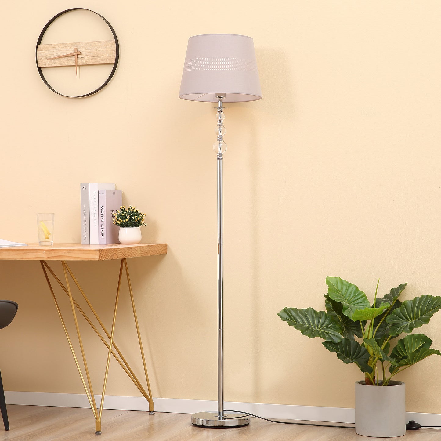 Floor Lamp with Hollow Out Fabric Shade, Chrome Base, Elegant Decoration for Bedroom, Living Room, Study, Grey