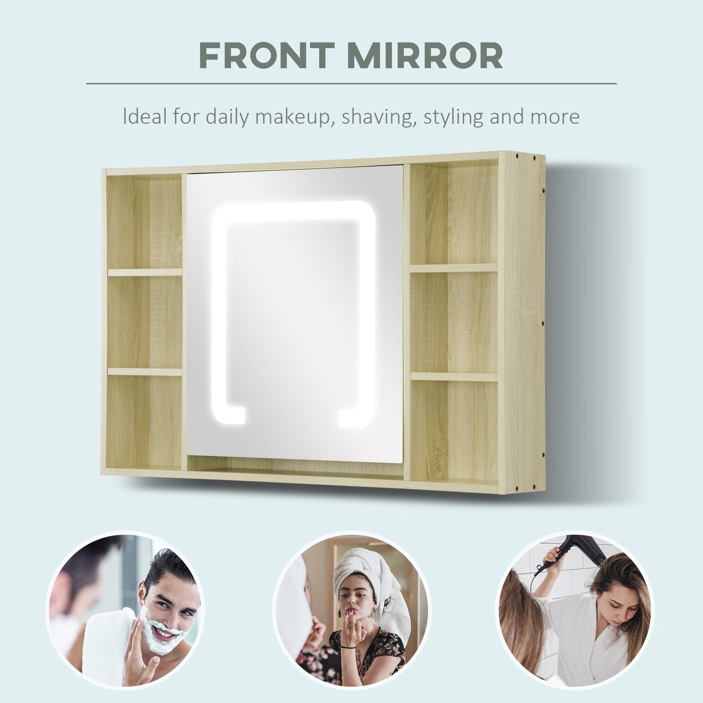Kleankin LED Bathroom Mirror Cabinet, Wall Mounted Dimmable Medicine Cabinet with Adjustable Shelf and Mirrored Door, Natural