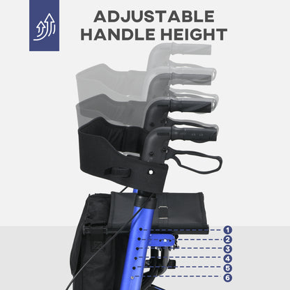 4 Wheel Rollator With Seat And Back Folding With Carry Bag, Adjustable Height, Dual Brakes, Cane Holder - Blue