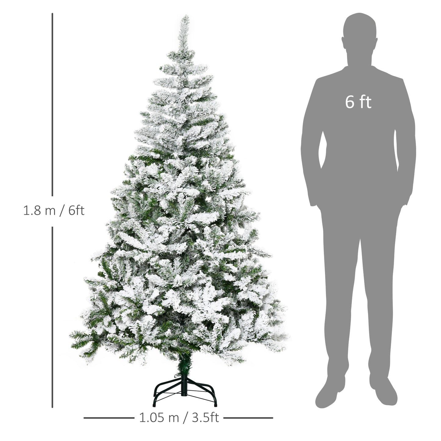 6 Foot Snow Flocked Artificial Christmas Tree Xmas Pine Tree with 750 Realistic Branches, Auto Open and Steel Base, Green
