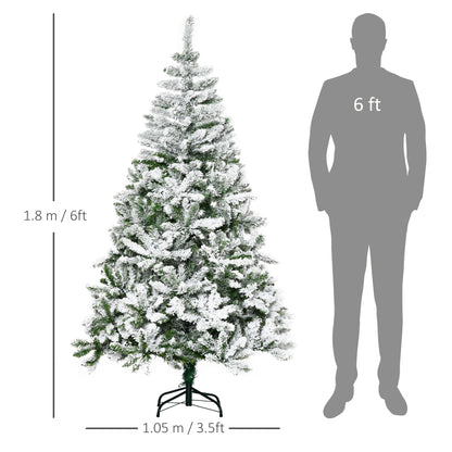 6 Foot Snow Flocked Artificial Christmas Tree Xmas Pine Tree with 750 Realistic Branches, Auto Open and Steel Base, Green