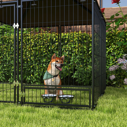 Outdoor Dog Kennel & Playpen | Waterproof Canopy | Lockable Gate | Rotating Bowl Holder | 2 Bowls Included | 141 x 141 x 151cm | Brown