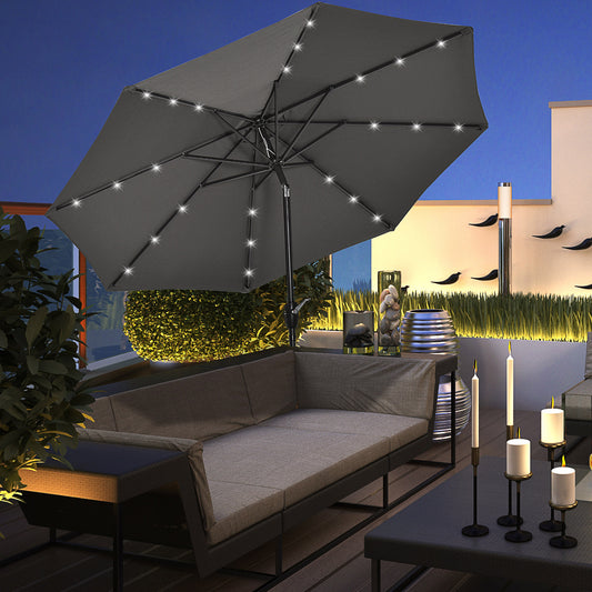 Outsunny Garden 24 LED Light Parasol Outdoor Tilt Sun Umbrella Patio Club Party Event Manual Sun Shade w/ Hand Crank Grey