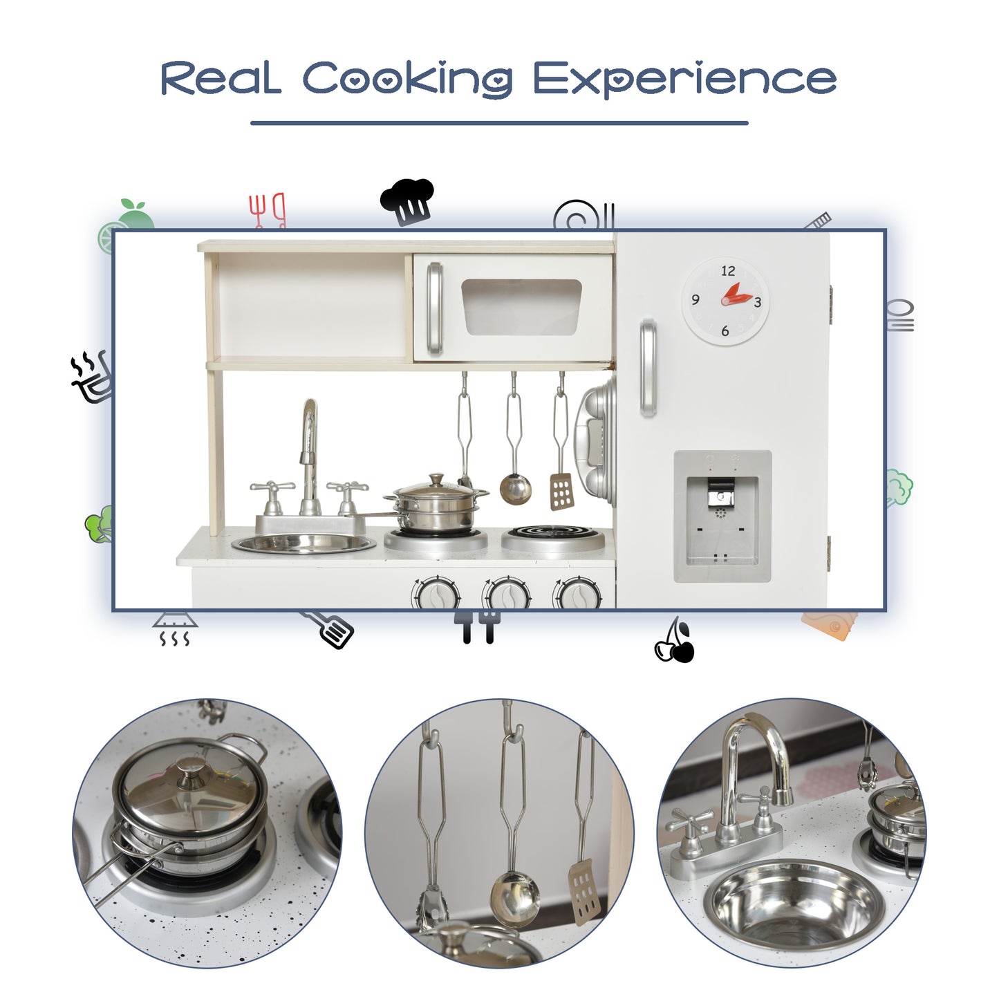 Kids Kitchen Playset Luxury Kitchen Accessories Set Pretend Cooking Set with Telephone Ice Machine, White