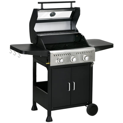 Outsunny 9 kW 3 Burner Gas BBQ Grill with See-through Lid, Black