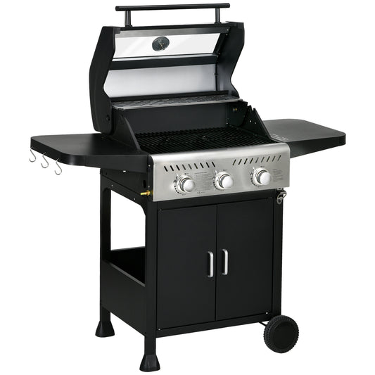 Outsunny 9 kW 3 Burner Gas BBQ Grill with See-through Lid, Black