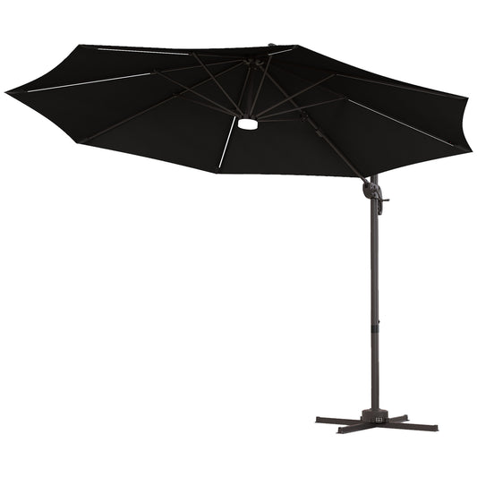 Outsunny 3(m) LED Cantilever Parasol Outdoor Sun Umbrella w/ Base Solar Lights Dark Grey