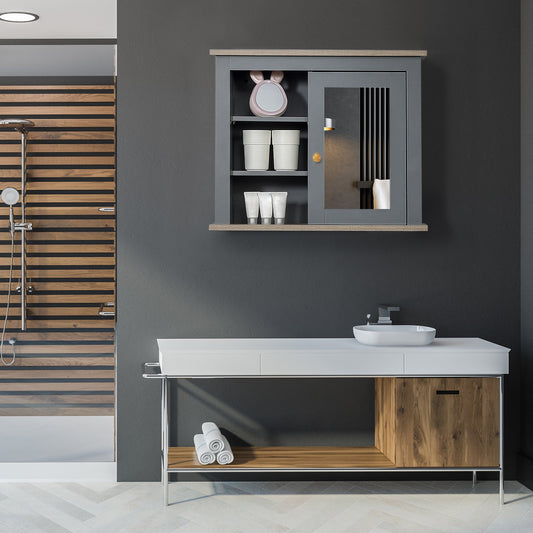 Kleankin Bathroom Wall Mirror Cabinet, Cupboard with Door, Storage Cabinet with Adjustable Shelf for Corridors Living Rooms, Grey