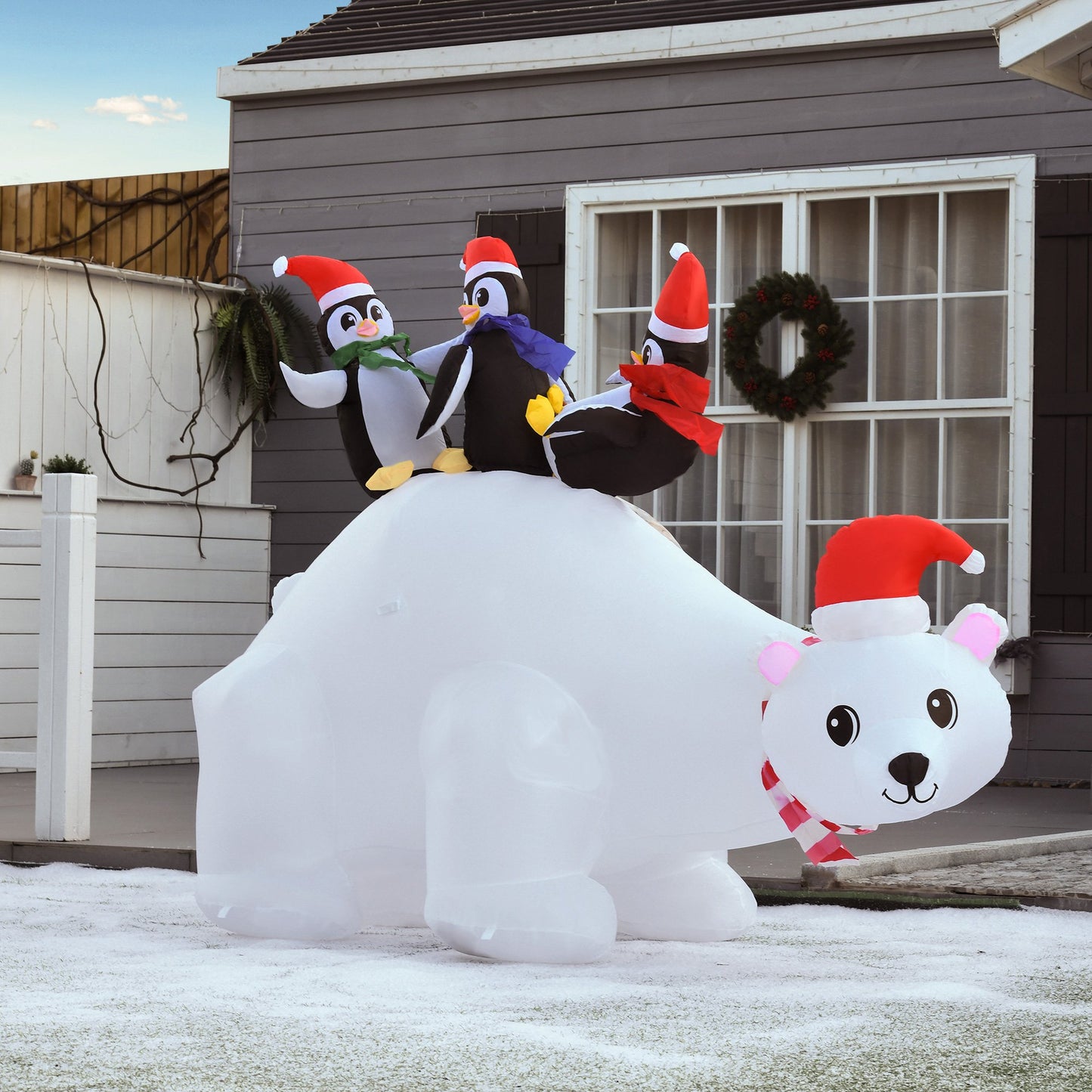5ft Outdoor Christmas Inflatable With LED Light, Lighted Blow Up Polar Bear With Three Penguins, Giant Yard Party Decoration For Garden Lawn