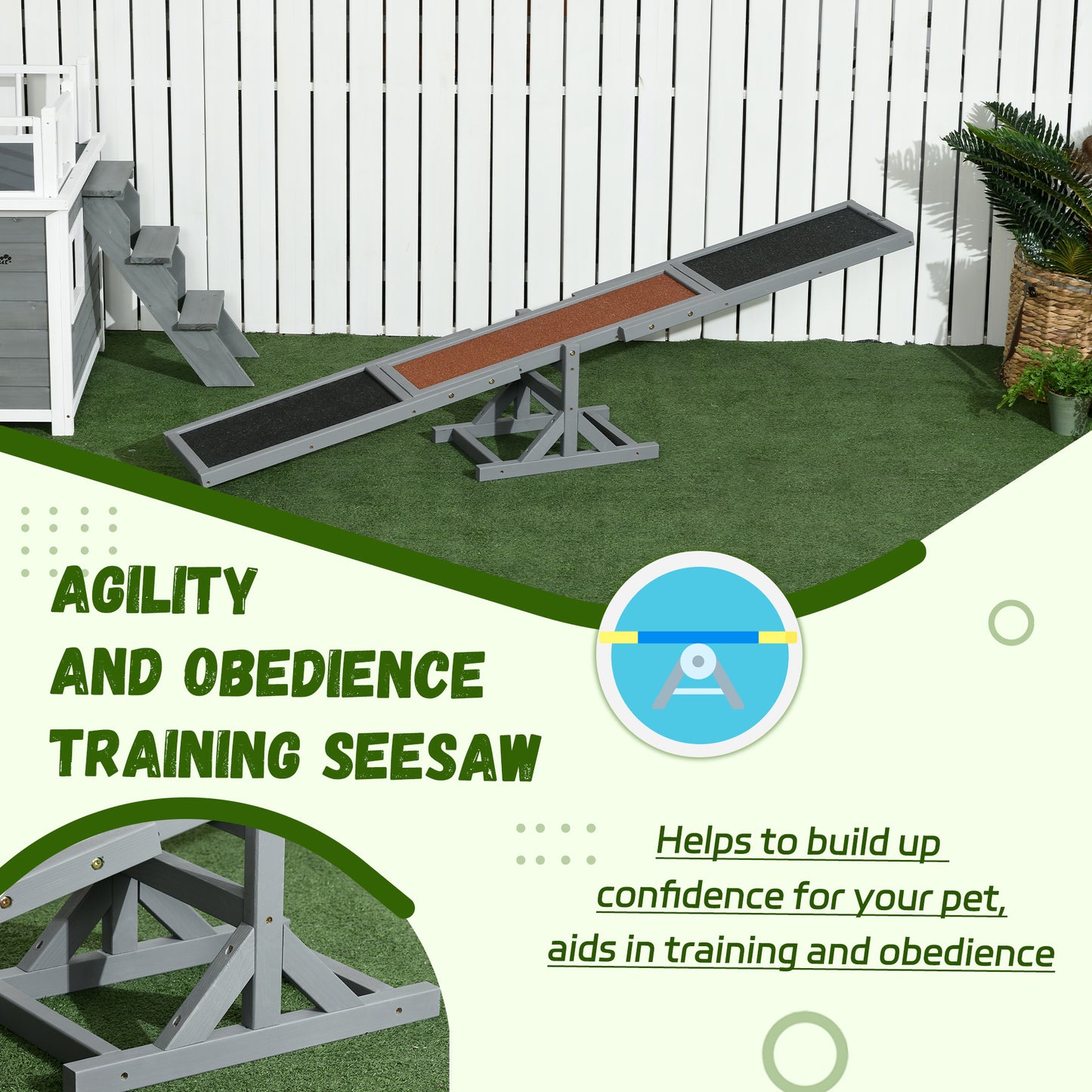 Dog Agility Training Seesaw | Solid Fir Wood | Anti-Slip Surface | Water-Resistant Paint | 50kg Capacity | Max Height 54cm | 180x30x30cm | Grey