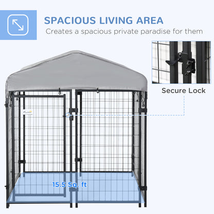 Outdoor Dog Kennel, Dog Run W/ UV-Resistant Canopy & Lockable Design, Metal Playpen Fence for Small and Medium Dogs, 120 x 120 x 138 cm