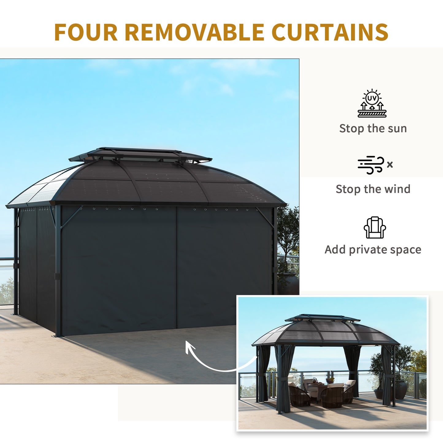 Outsunny Aluminium Frame 4 x 3(m) Polycarbonate Gazebo with Curtains, Nettings, Double Roof for Lawn, Yard, Patio, Deck, Brown