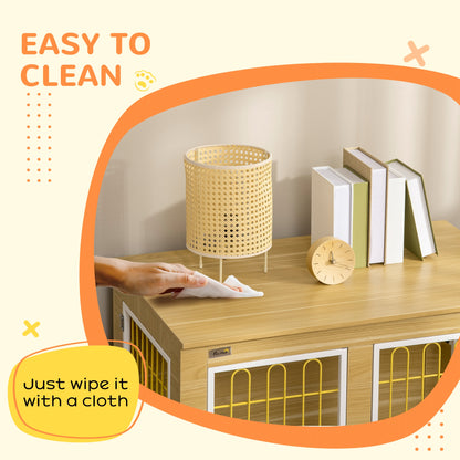 Dog Crate Furniture Side Table | Soft Cushion | Double Doors | Steel Wire Ventilation | Medium & Large Dogs up to 25kg | 90 x 58 x 65cm | Oak Tone & Beige