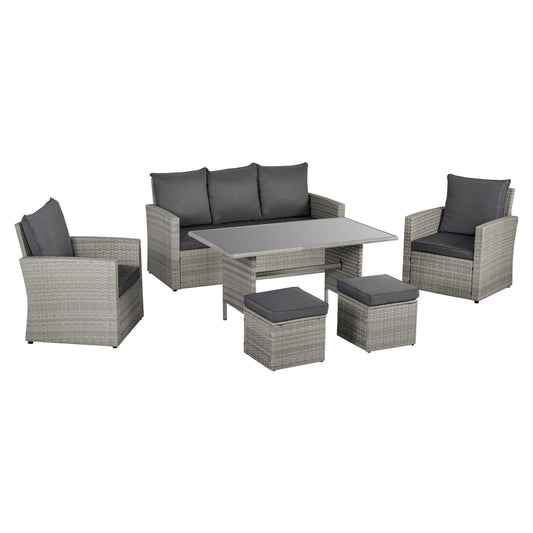 Outsunny 6 Piece Outdoor Patio PE Rattan Wicker Tempered Glass Dining Table Sets for Garden Backyard w/ Cushions & Mixed Grey