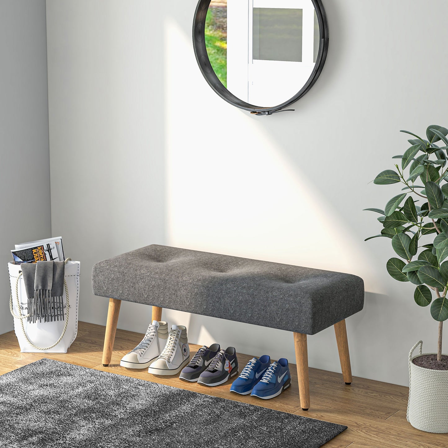 Retro Style Multifunctional Bed End Bench Tufted Upholstered Shoe Bench Ottoman Footstool Linen Fabric for Entryway Living Room Grey