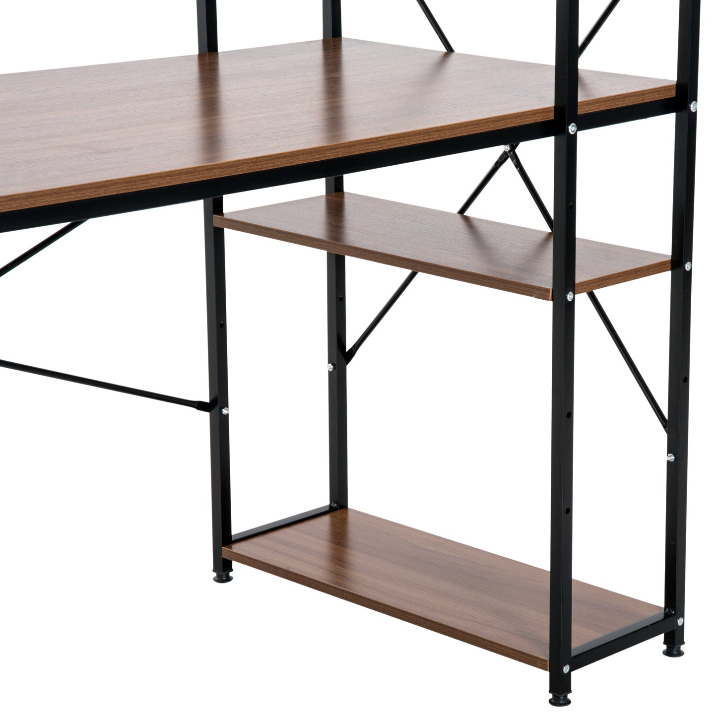 Computer Desk PC Table  Study Workstation Home Office with 4-tier Bookshelf Storage Metal Frame Wooden Top (Walnut & Black)